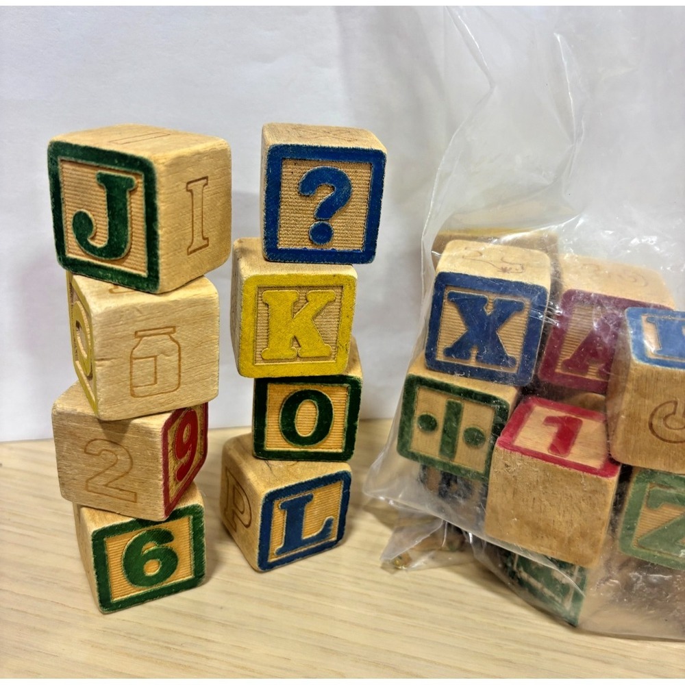 Vintage Wooden Alphabet Blocks Lot 36 Pieces ABC Number Learning Cubes Toy